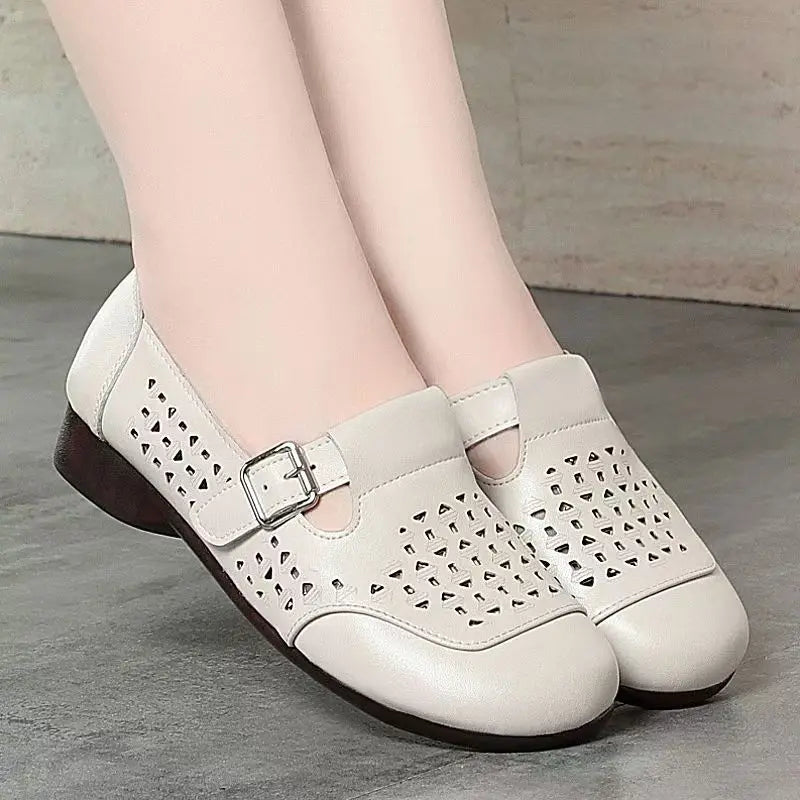Women's Leather Hollow Out Low Heel Shoes Spring Summer Soft Sole Non Slip Round Toe Slip On Middle Aged And Elderly Sandals