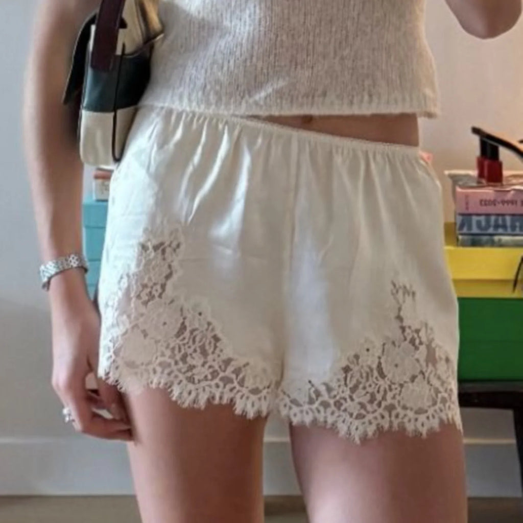 Y2k Women Silk Satin Shorts Lace Trim Patchwork Micro Mini Slip Shorts Low Rise Lingerie Pajamas Coquette Boxers Streetwear