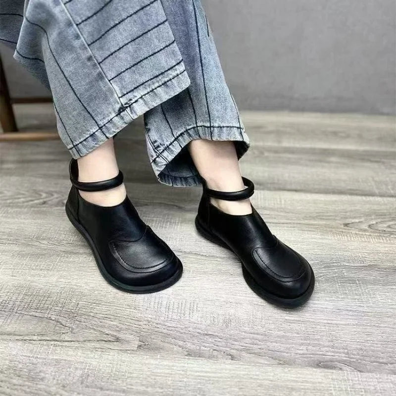 2025 Women's Soft Leather Ankle Boots Patch Round Toe Slip-On Casual Shoes Breathable Black Booties