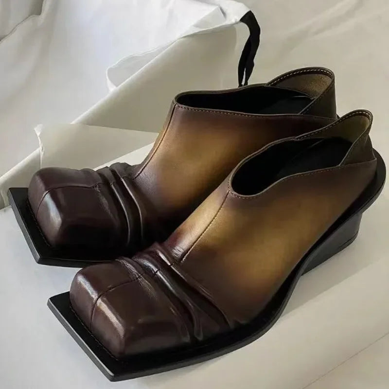 Retro Color Matching Square Toe Chunky Heel Leather Shoes Woman 2025 Slip On Pleated High Heel Muller Shoes for Women Pink Brown