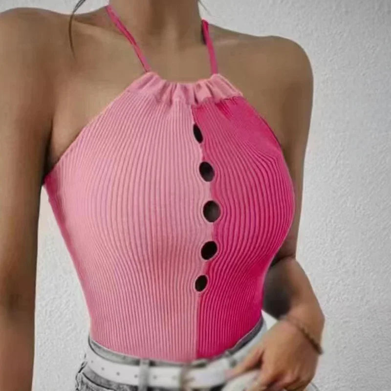 Women Summer Vest Top Sexy Halter Hollow Out Slim Fit Crop Top Knitted Camisole Top Lady Contrast Color Sleeveless Tank Tops