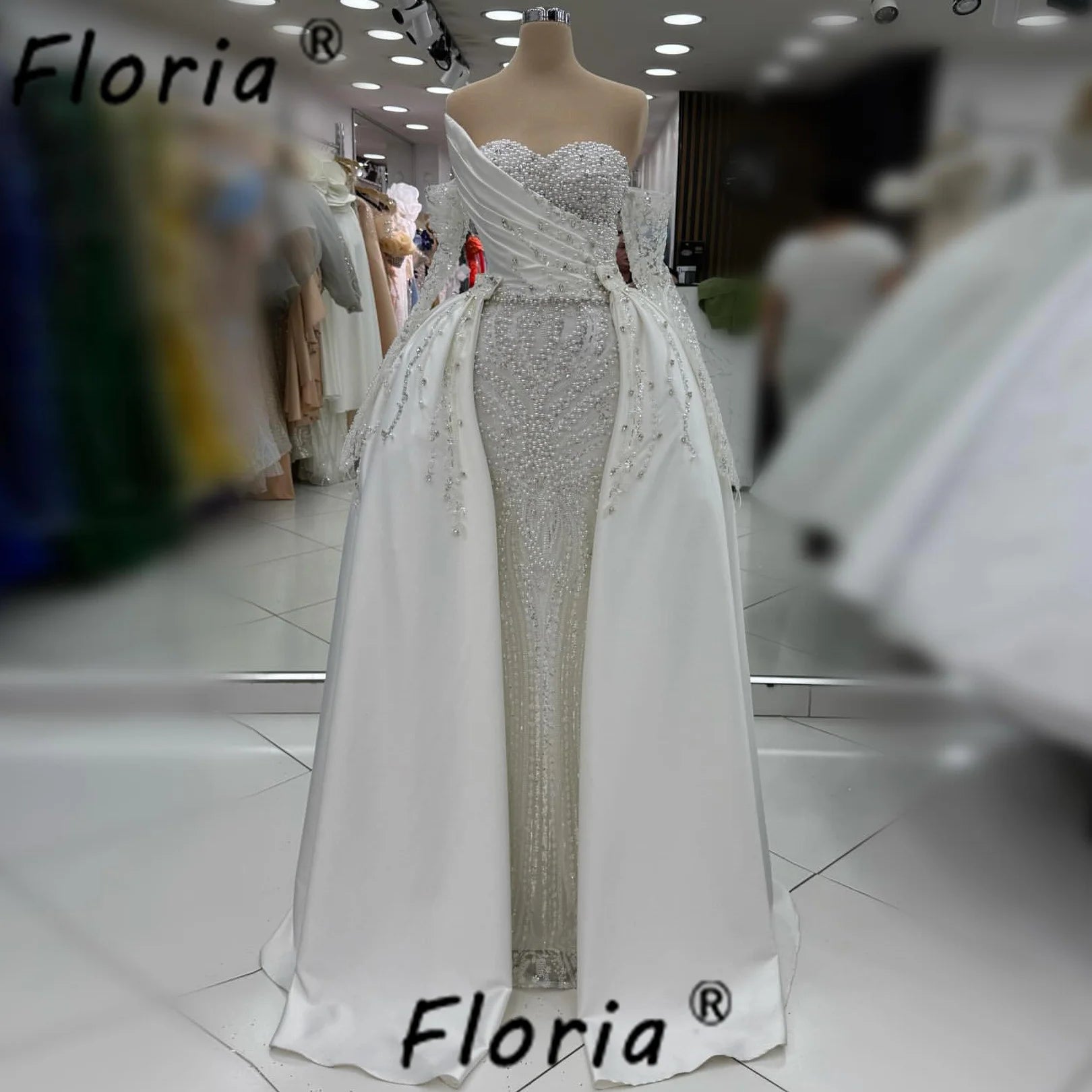 Luxury White Wedding Dress with Detachable Train Pearls Crystal Satin Mermaid Bride Party Gowns African Woman Vestidos de Gala