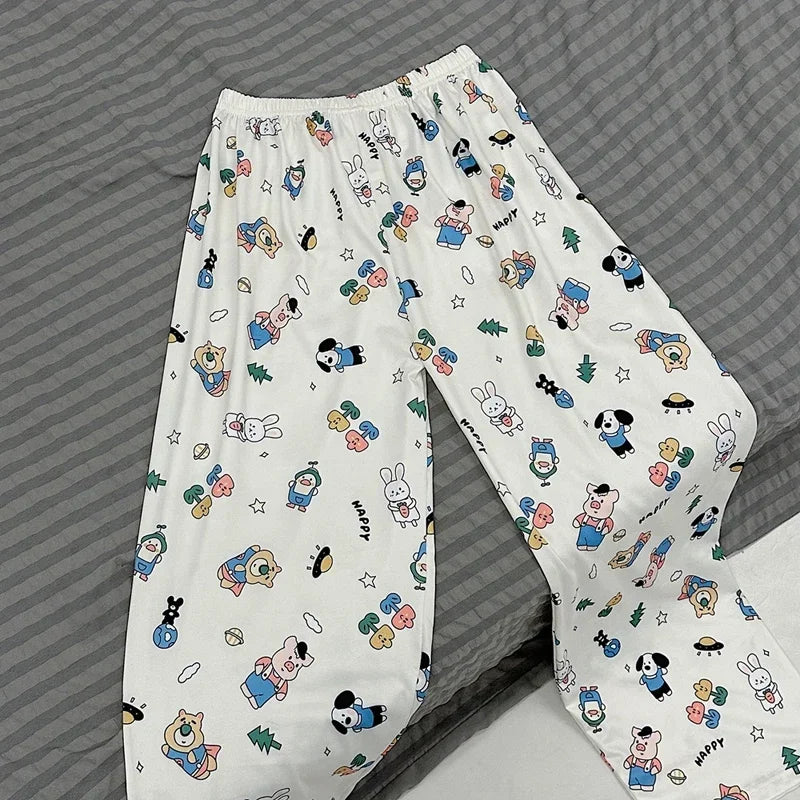 Pajama Pants Long Pants White Cartoon Rabbit Girl Casual Pants Student Home Pants Plus Size Black Female Fashion Sleeping Pants