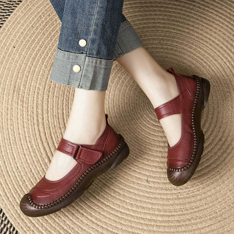 Autumn Top Cowhide Shallow Mouth Single Shoe For Women Retro Style Flat Bottomed Cow Tendon Soft Soled Mother's Shoes