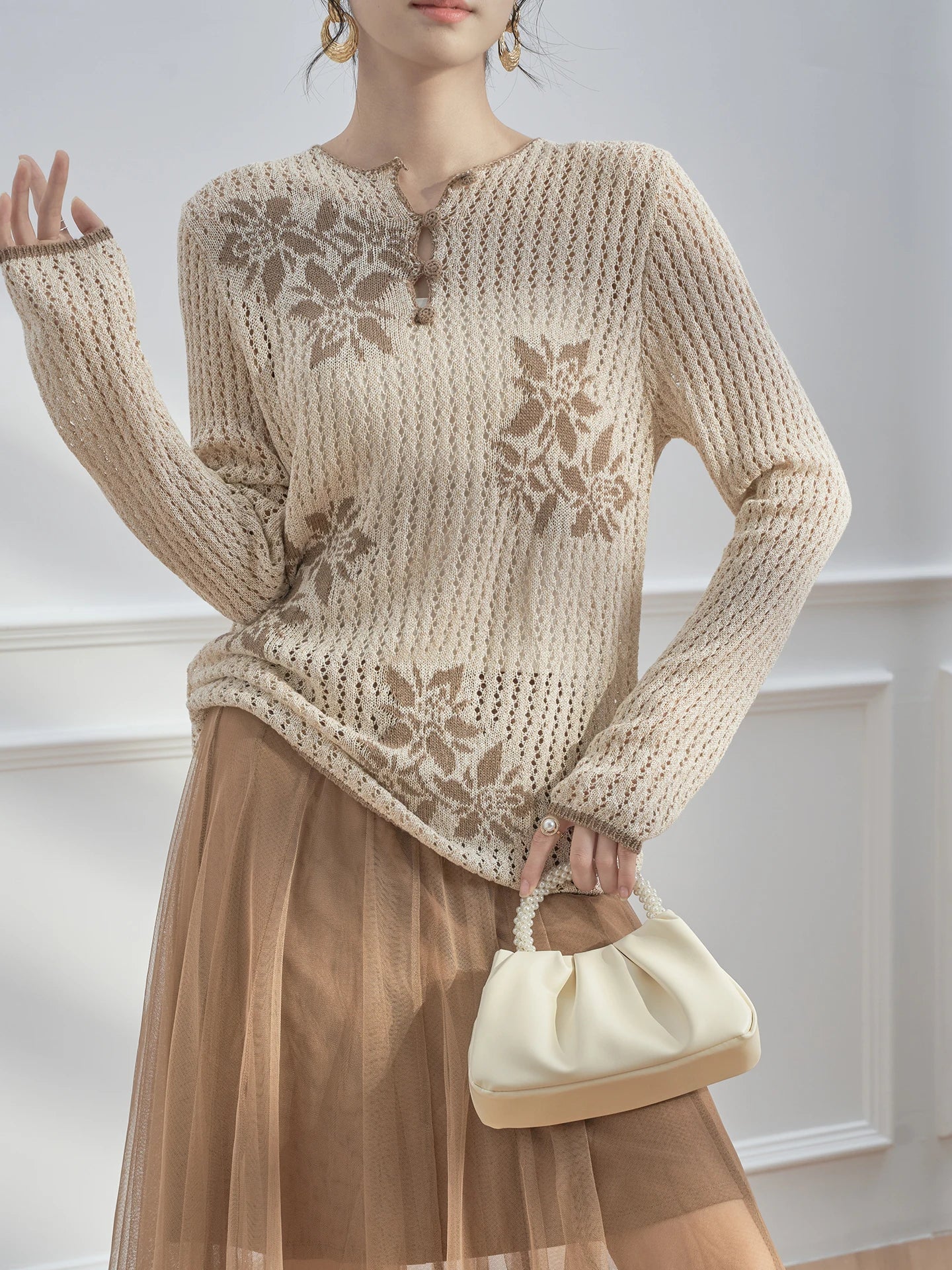 Early Autumn Knitted Long Sve Top Casual Hollow out Sun Protection Cover up Slimming Color Blo Vintage Anti-Aging