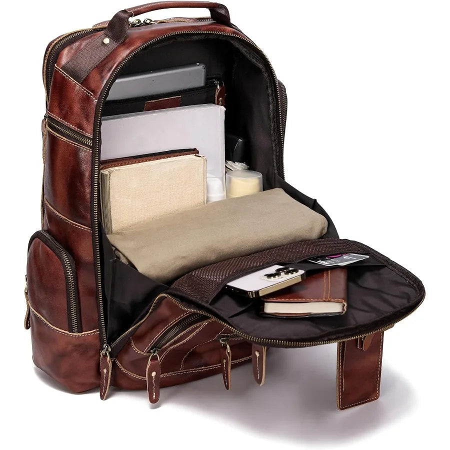 LANNSYNE Full Grain Leather Backpack For Men Fits 16" Laptop Coffee