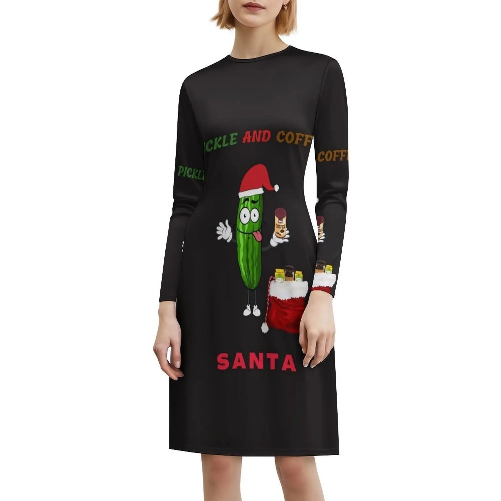 Pickle And Coffee Santa Preppy Style Mini Dress For Women A-Line Loose Fit Casual Day Dress Marvacousins246 Pickle Andhave A