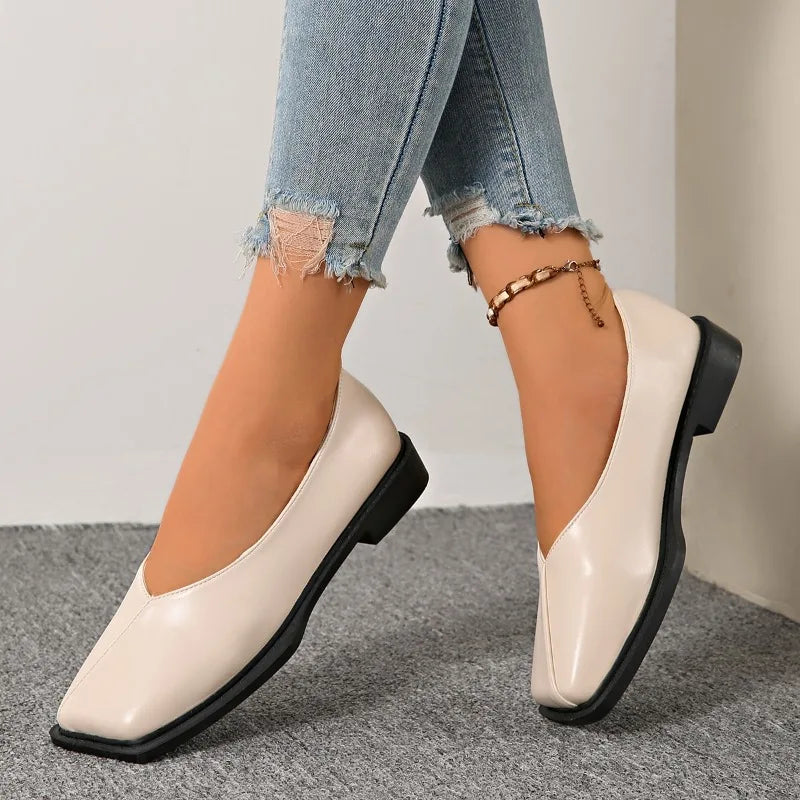 Slip-on Block Heel Single Shoes Fashion Square Toe Shallow Mouth Soft Sole Non-slip Block Heel Leather Shoes