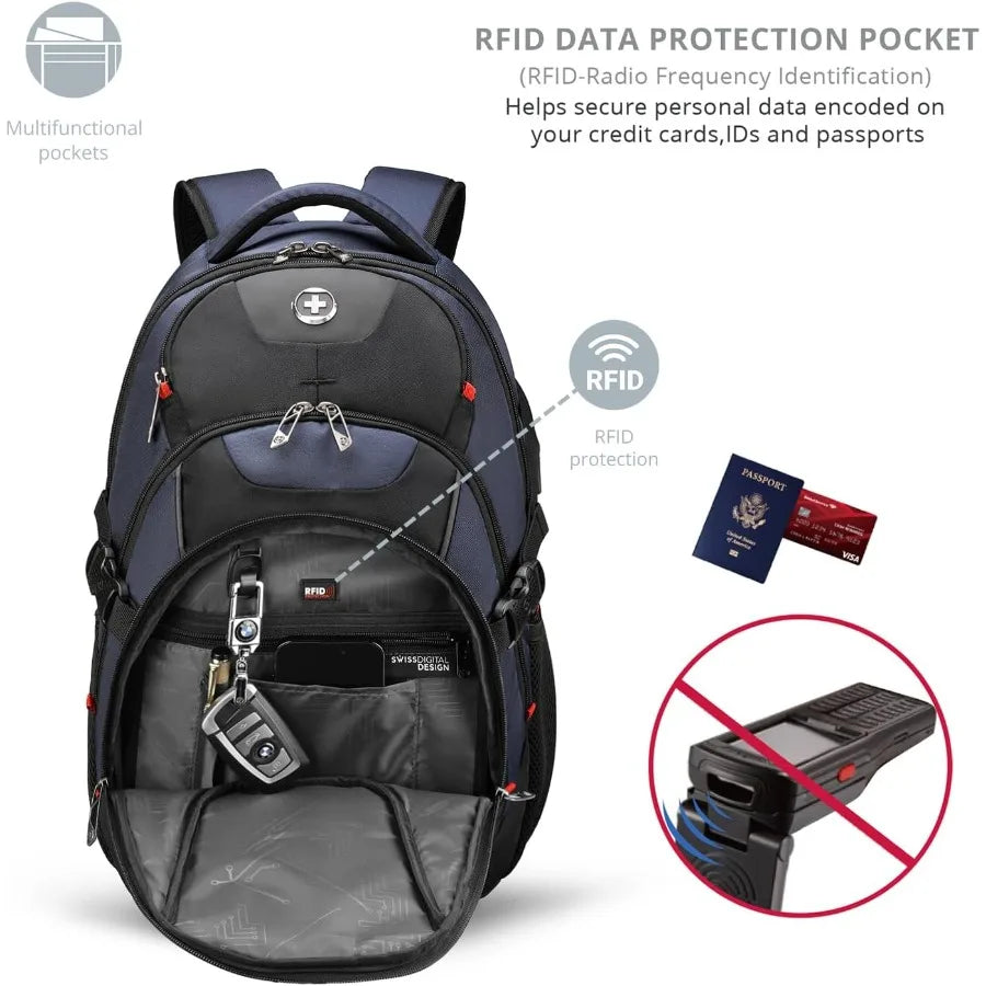 Swissdigital Design Laptop Backpack Travel Backpack with USB Charging Port Fits 15.6 inches Computer 31L College School Bookbag