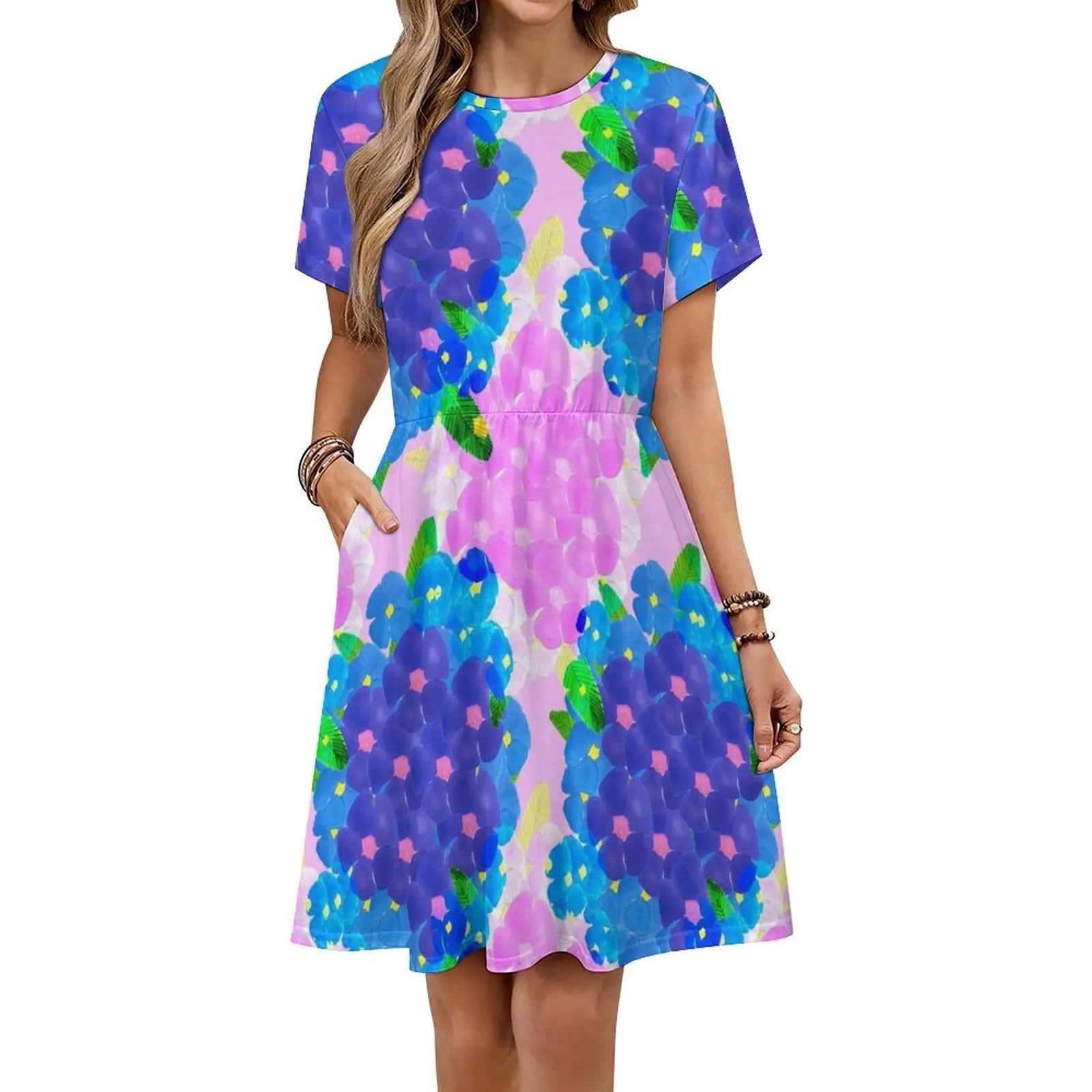 Blue And Pink Bunch Of Poppies Women's Hip Hop Streetwear Dress Graphic Print Party Club Wear Floral Design Pink Poppies Blue