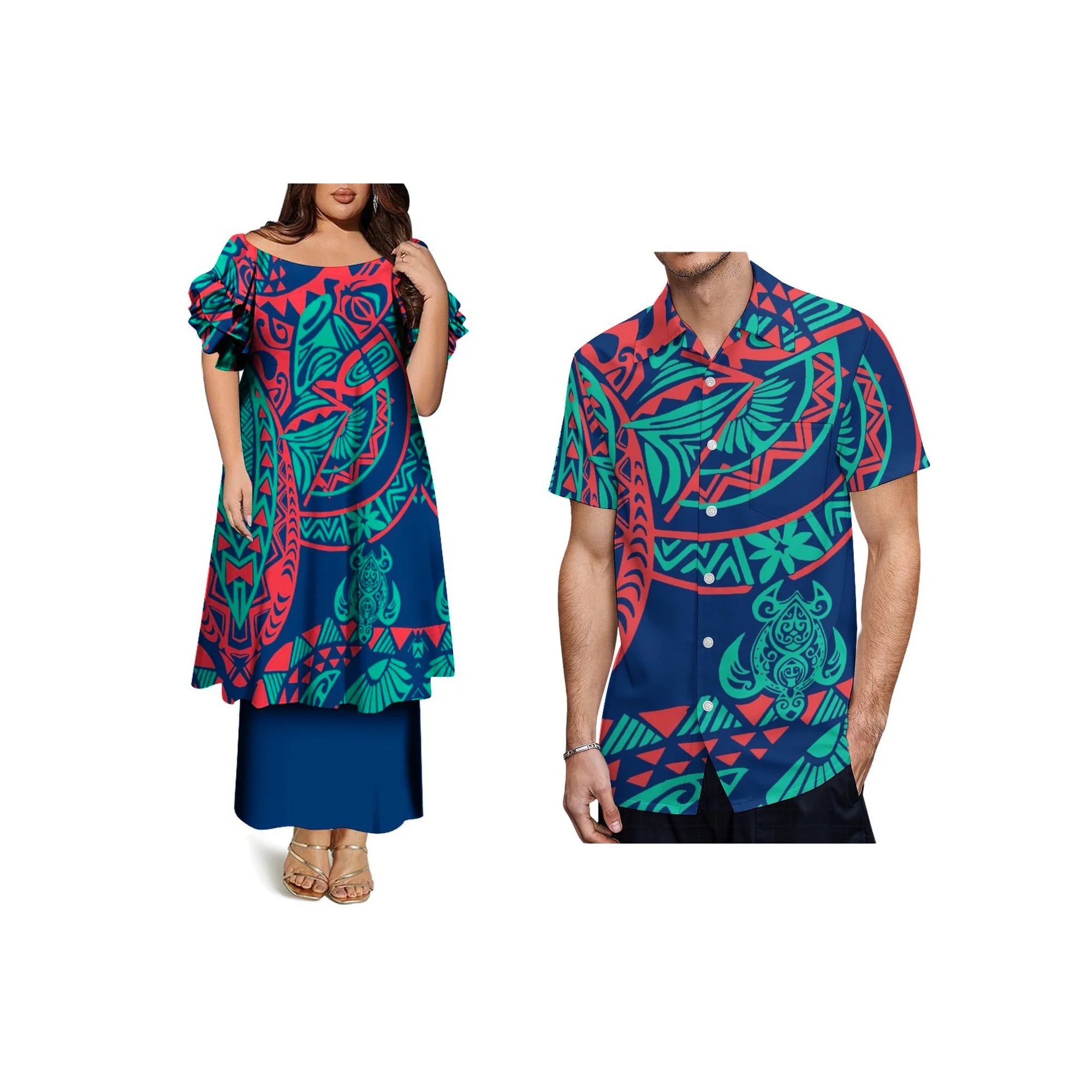 Custom Frill Short Sleeve Womens Dress Polynesian Samoan Puletasi Dress 2 Piece Pacific Island Design Off the Shoulder Dress