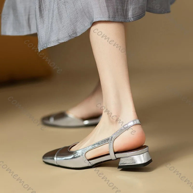Summer French Comfortable Square Toe Shallow Mouth Pumps Back Strap Low Heel Single Shoes Sandals for Women Zapatos De Mujer