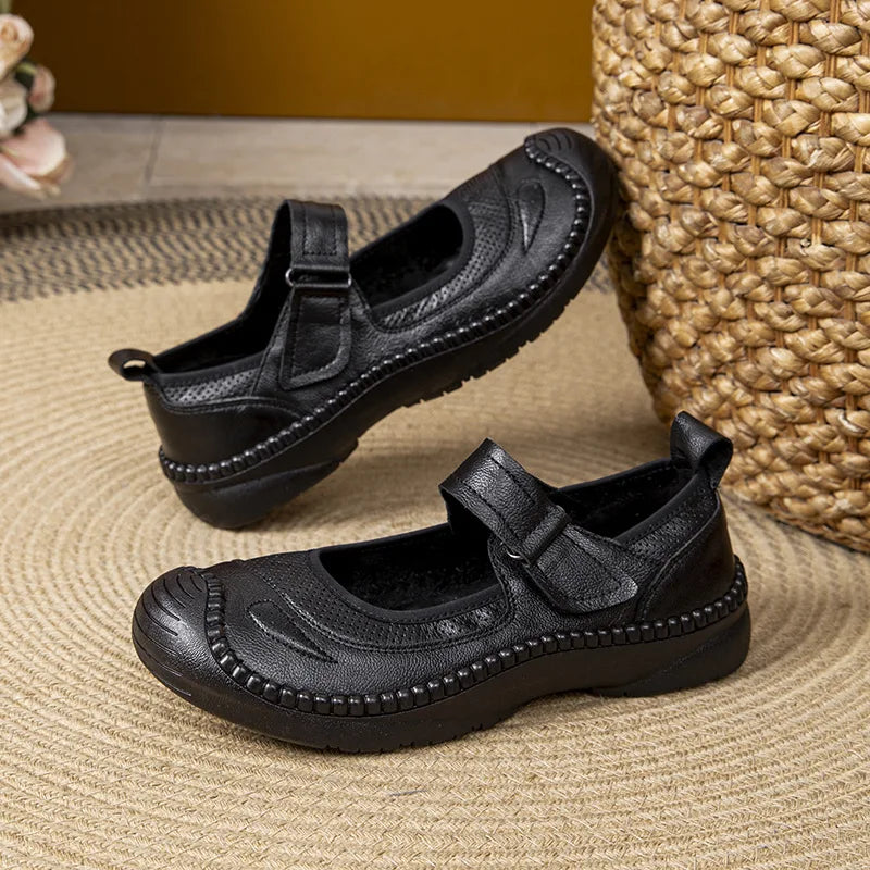 Autumn Top Cowhide Shallow Mouth Single Shoe For Women Retro Style Flat Bottomed Cow Tendon Soft Soled Mother's Shoes
