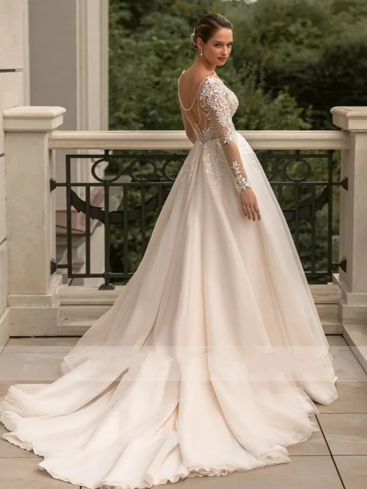 Boho V-neck Wedding Dresses Long Appliques Sleeves Lace Illusion Back Tulle Bridal Gowns Vestidos De Novia