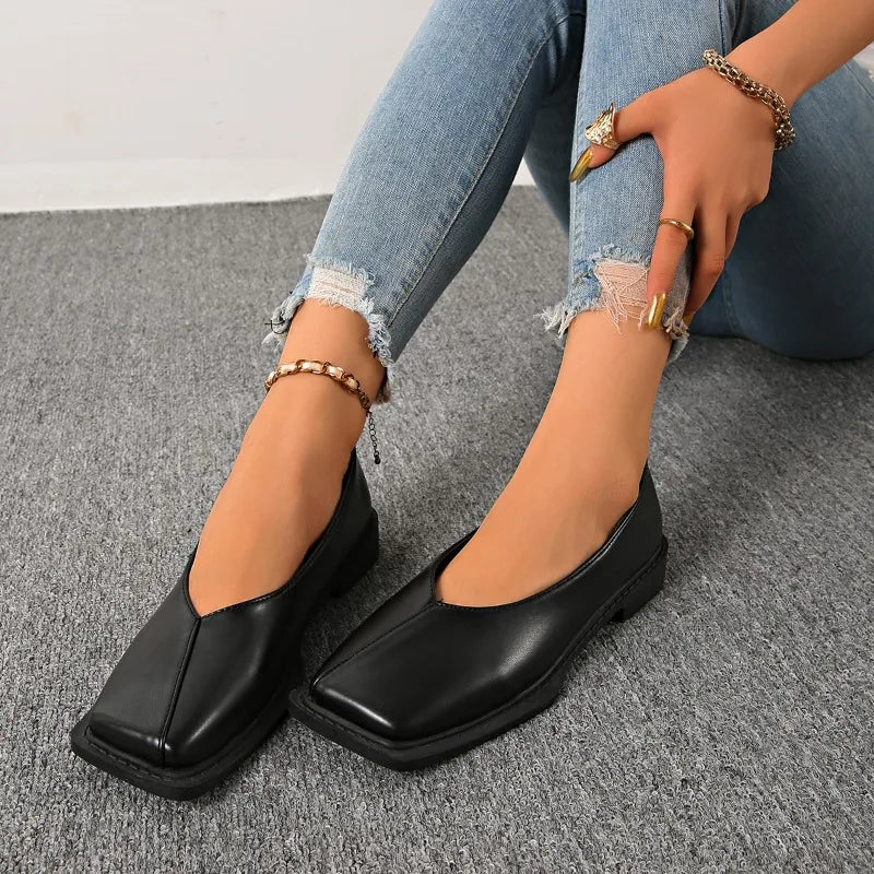 Slip-on Block Heel Single Shoes Fashion Square Toe Shallow Mouth Soft Sole Non-slip Block Heel Leather Shoes