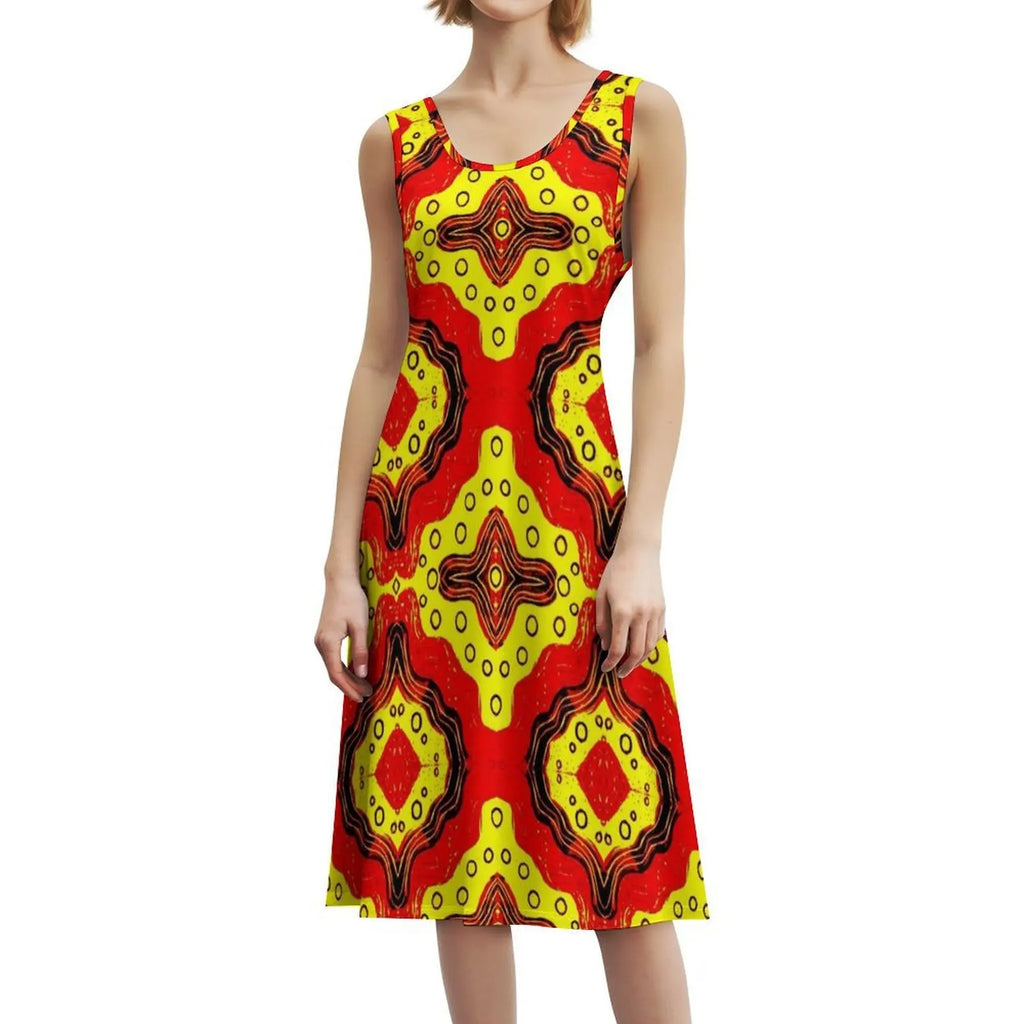 Pattern In Red And Yellow Women's Elegant Party Dress A-Line Dress With Short/Long/Sleeveless Options Pattern Red Yellow Red