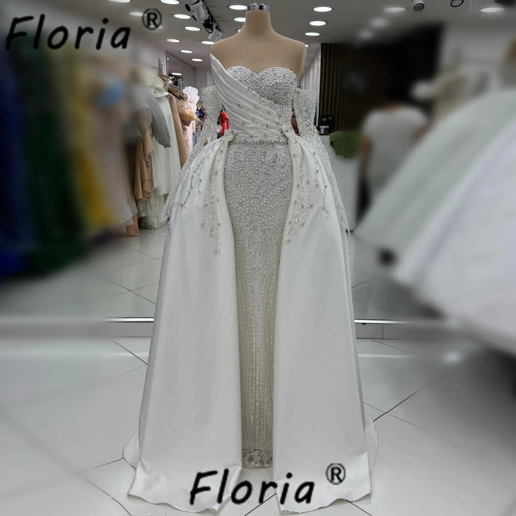 Luxury White Wedding Dress with Detachable Train Pearls Crystal Satin Mermaid Bride Party Gowns African Woman Vestidos de Gala