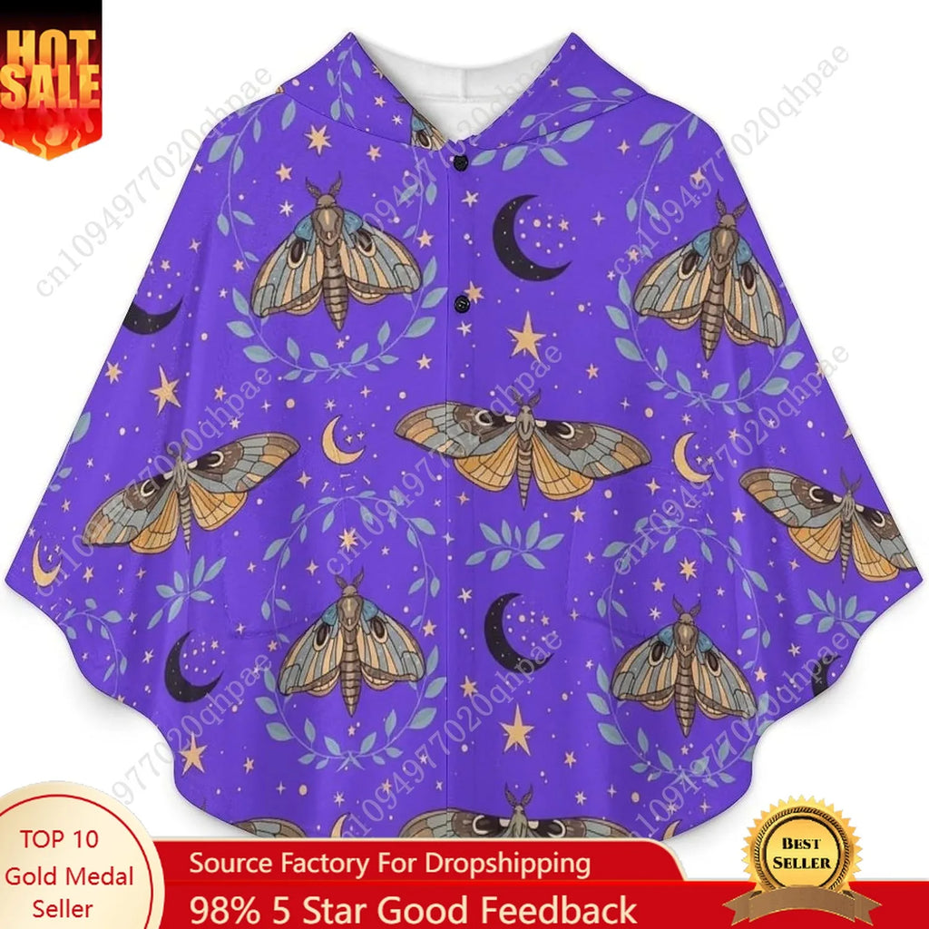 Cozy Flannel Blanket Sweater,Moths Leaves Moons Stars Oversized Hoodie With Pockets For Kids And Teenagers