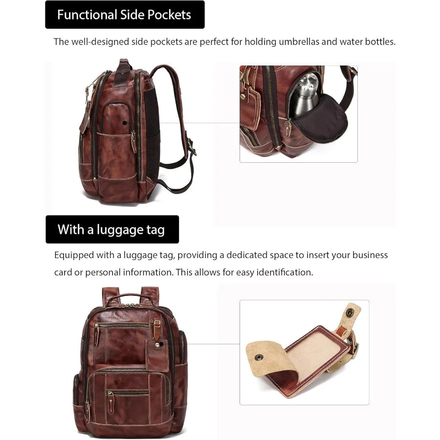 LANNSYNE Full Grain Leather Backpack For Men Fits 16" Laptop Coffee