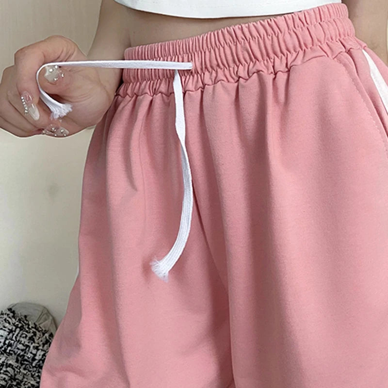 Woman Summer High Waist Korean Baggy Shorts Girls Elastic Casual Lace Up Y2k Slacks Female Loose Clothes Black Pink Gray Joggers