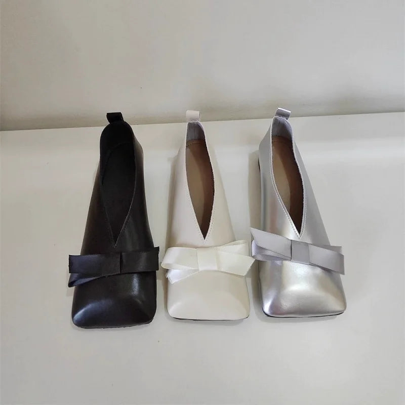 Fashion Women's Basic Black Soft Leather Ballet Shoes Flat Shoes Square Toe Shallow Bow Ballet Single Shoes