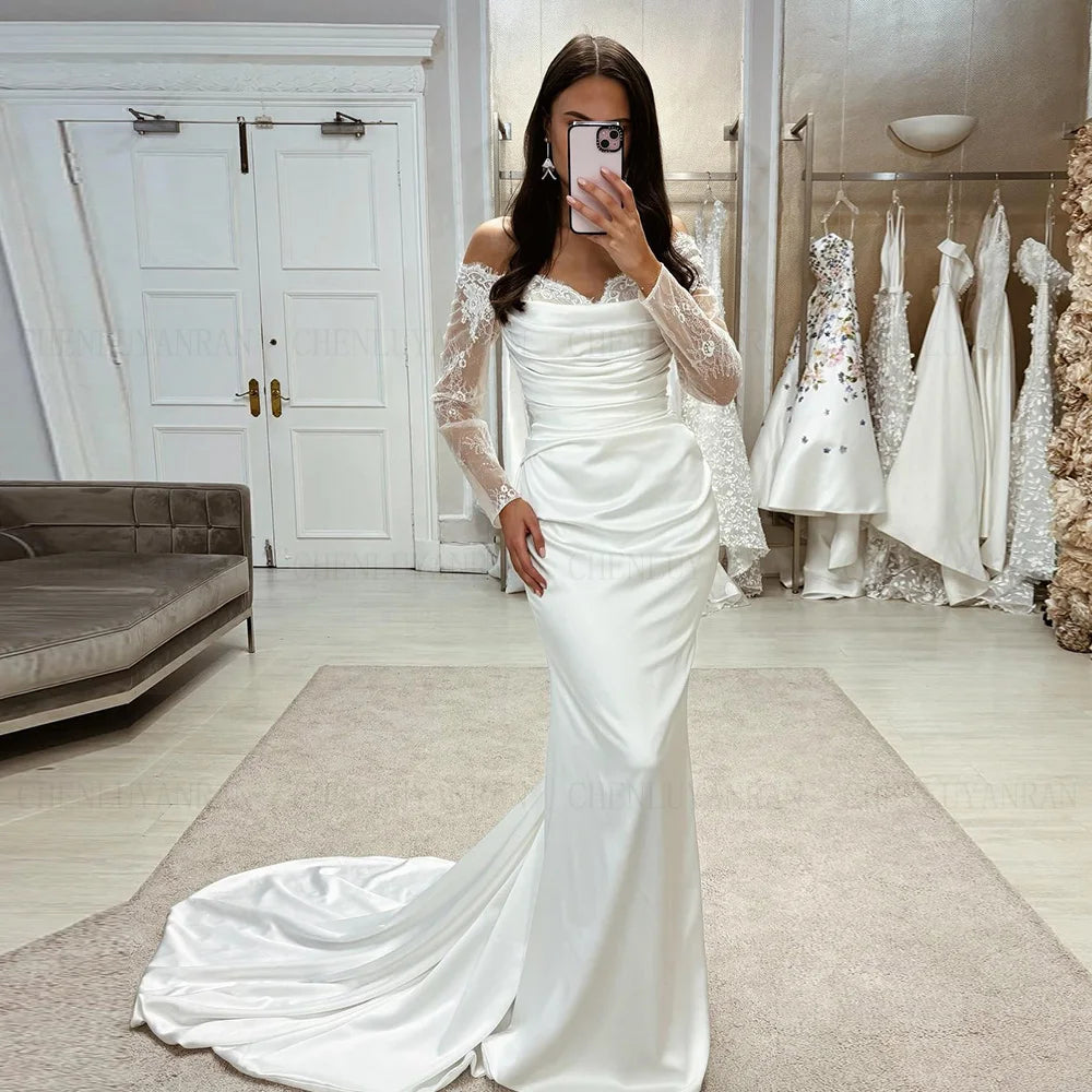 Ivory Mermaid Wedding Dresses Off-Shoulder Long Bride Dress Pleat Lace Satin High Quality Dress For Women 2025 Robe De Mariée