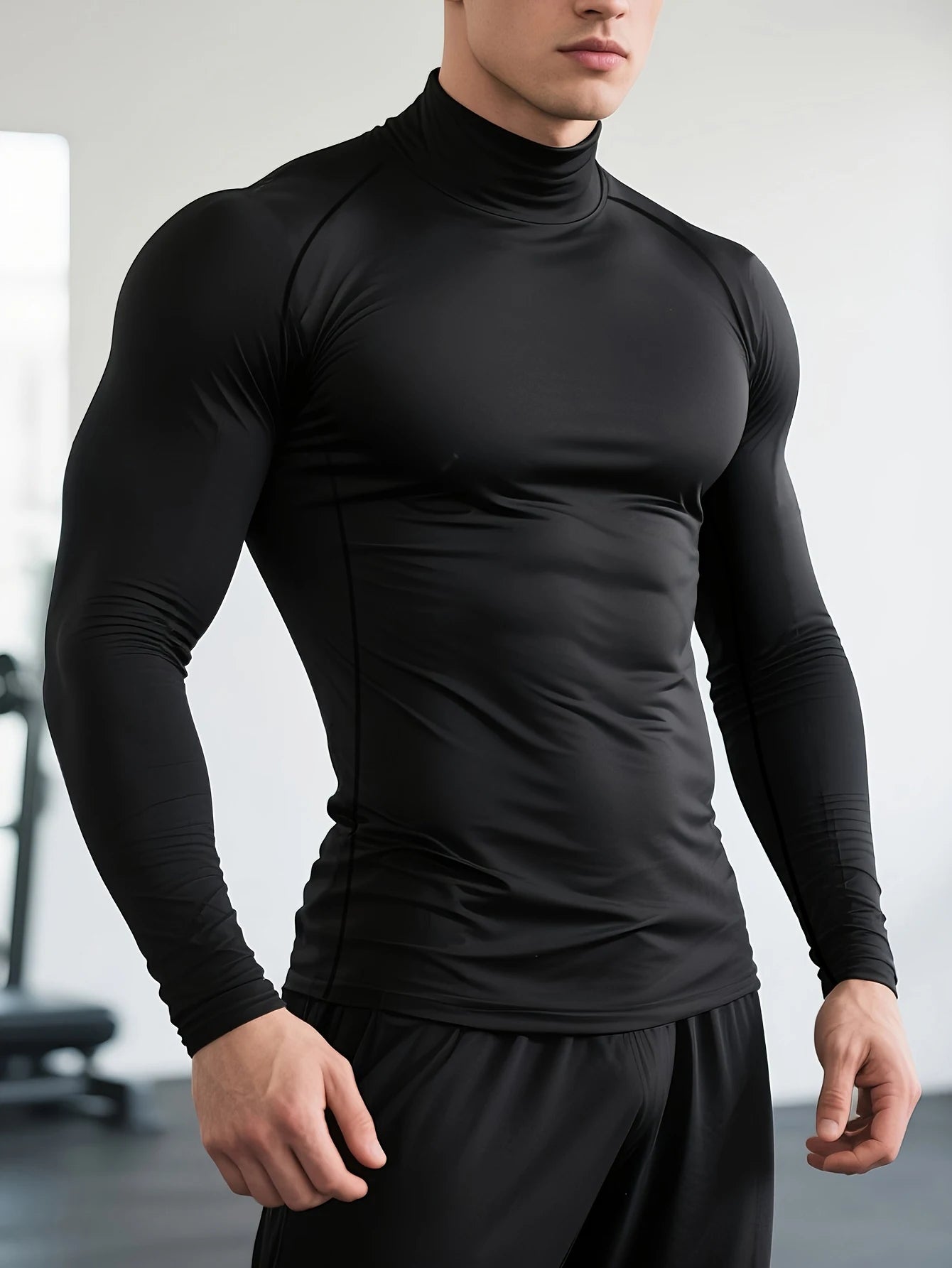 1-Piece Men’s Black Raglan Mock Neck Compression Sports Top, Lightweight Breathable Stretch Long Sleeve Activewear Training, men