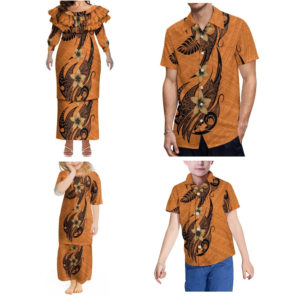 Casual Family Wear Elegant Lotus Leaf Lace Mid-Sleeved Fitted Puletasi Suit Dress Women'S Dress Polynesian Custom Men'S Shirt