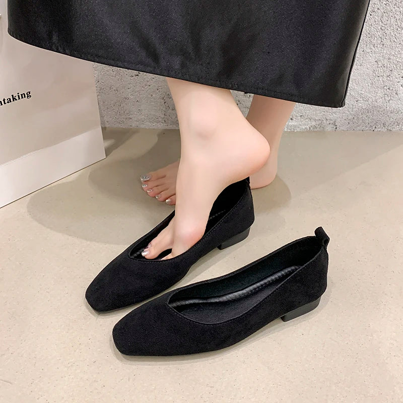 2025Low Heel Shoes Autumn New Square Toe Shallow Suede Slip-on Soft Sole Non-slip Wear-resistant Single Shoes
