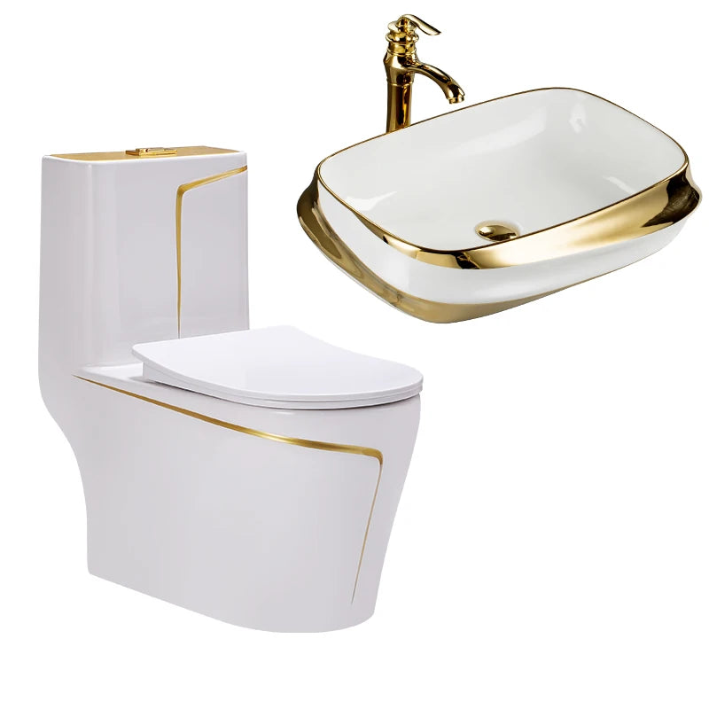 Modern Gold Line Colored One Piece Toilet and Sink Set  Toilet with TankTornado Flush Bathroom Wc Toilet Sanitary Ware