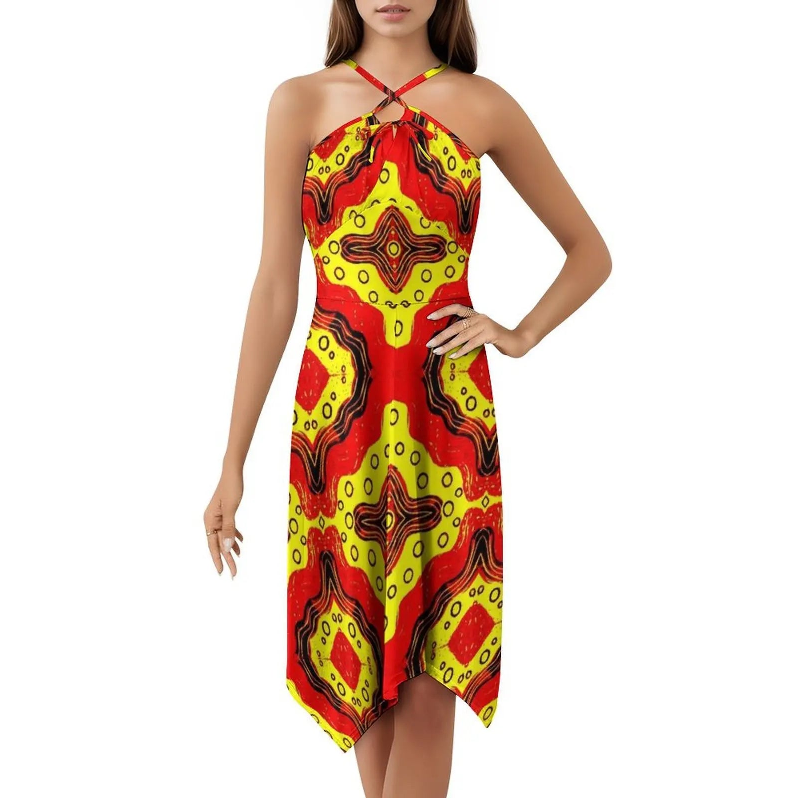 Pattern In Red And Yellow Women's Elegant Party Dress A-Line Dress With Short/Long/Sleeveless Options Pattern Red Yellow Red