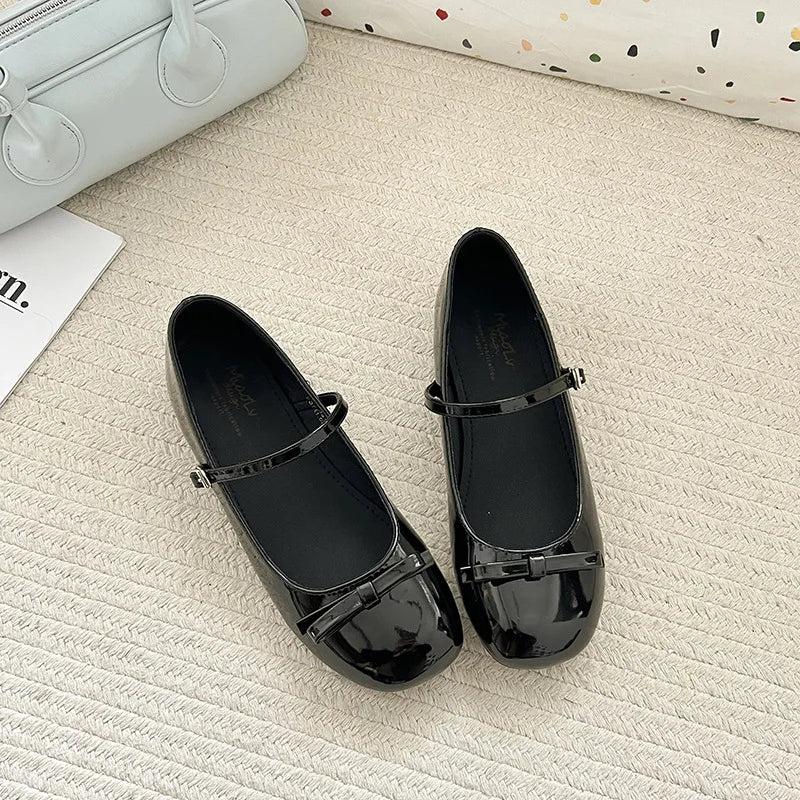 Spring Autumn Wine Red Mary Jane Shoes For Women Low Heel  Fashion Butterfly-knot Roud Toe Female Eelgant Dress Leather Shoes