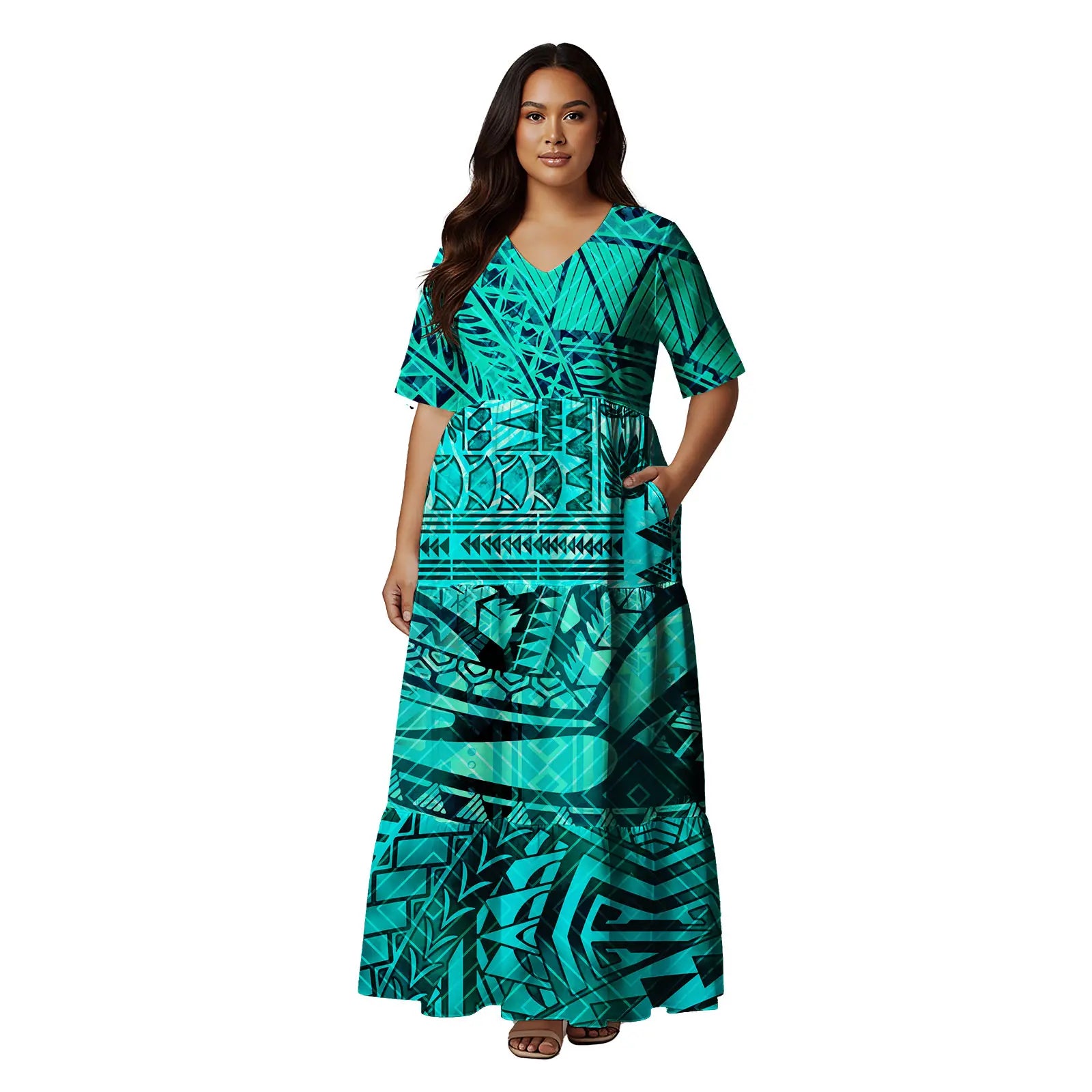 Short Sleeve Hawaii Tropical Floral Pattern Tiered Cake Dress Maxi Polynesian Clothing Tribal Is land Fiji Tonga Church Dress
