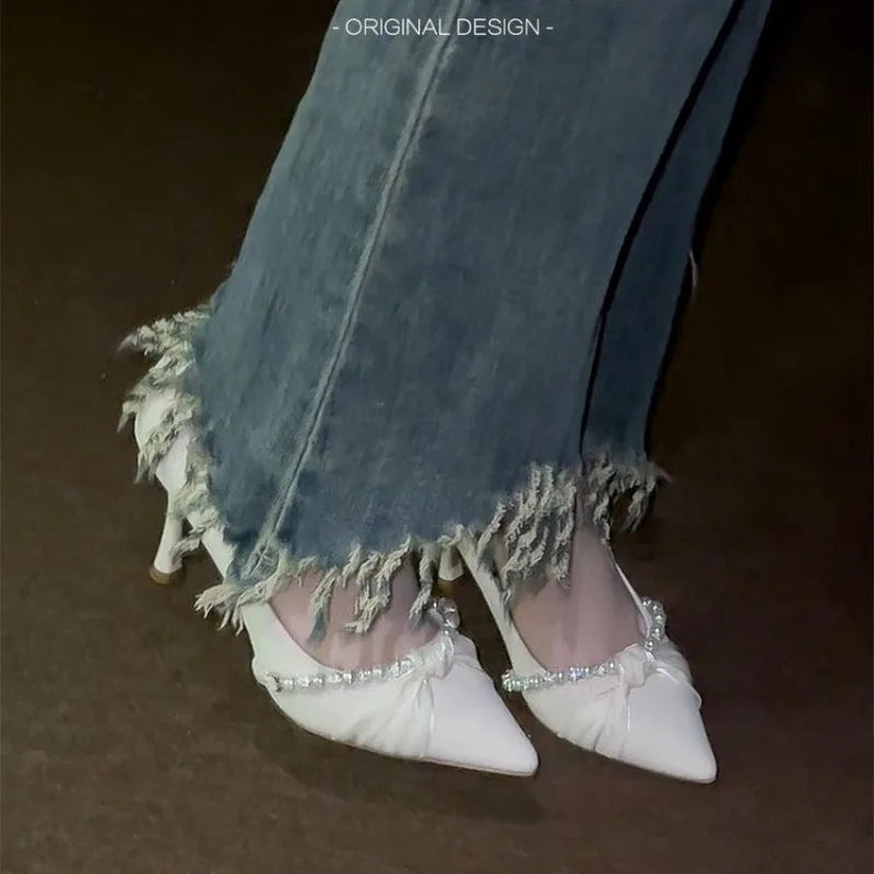 Pointed Toe Single Shoes Women's 2025 Summer New Versatile Pearl French Lace Ribbon Bridesmaid Shoes Stiletto Heels