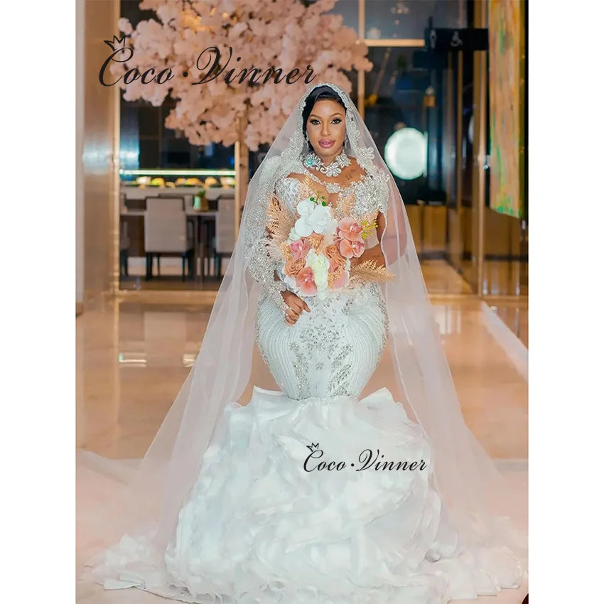 Customized High Neck  Africa Luxury Mermaid Wedding Dresses 2025 Detachable Ruffle Train Beaded Lace Wedding Dress Women W1433