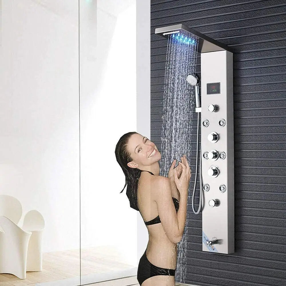 6-in-1 Brushed Nickel Shower Panel with LED, Adjustable Jets, Waterfall, Handheld, and Tub Spout