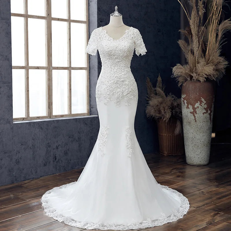 Classic Lace Appliques Mermaid Wedding Dress For Women V Neck Short Sleeves Elegant Lace Up Back Bridal Gowns TSWD655