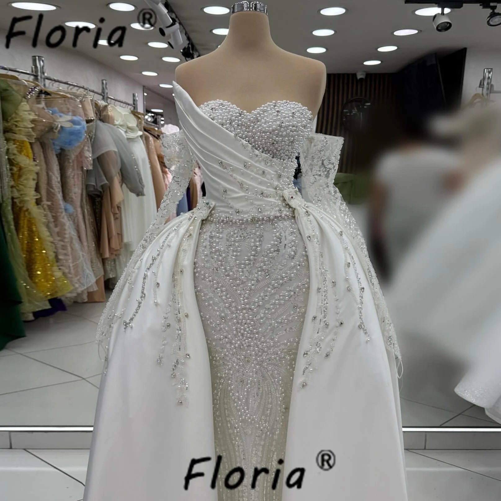 Luxury White Wedding Dress with Detachable Train Pearls Crystal Satin Mermaid Bride Party Gowns African Woman Vestidos de Gala