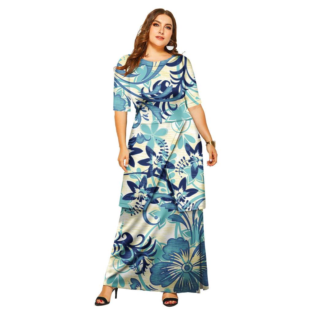 New Fashion Floral Sleeve Elegant Women Long Dress Pacific Island Hawaiian Beach Wear Puletasi Dresses