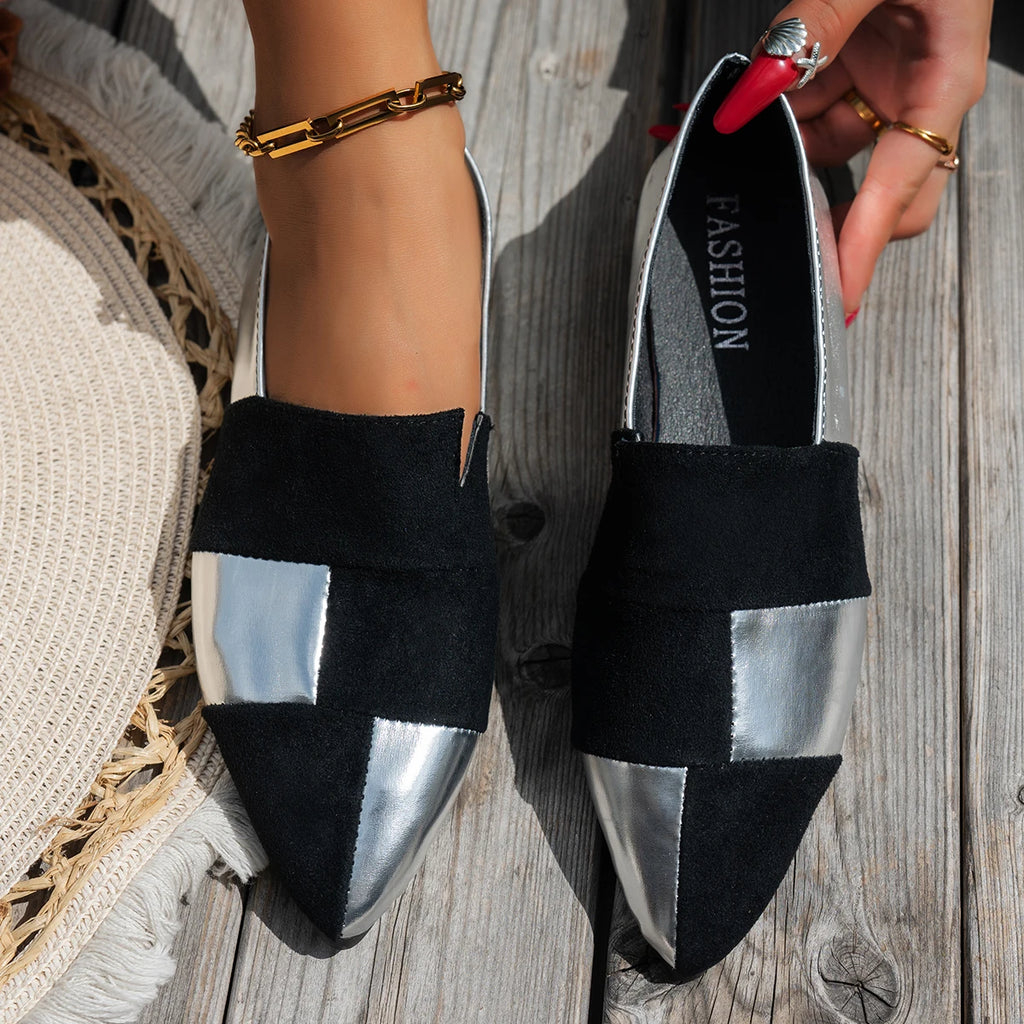 Women's Color-Blocked Pointed-Toe Loafers: Slip-On Lazy Casual Shoes, Stylish Commuting Work Shoes