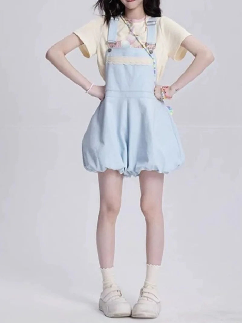 Kawaii Dopamine Japanese Girl Short Suspender Pants Students 2025 New Wear Loose Cute Bud Light Blue Strap Shorts Female