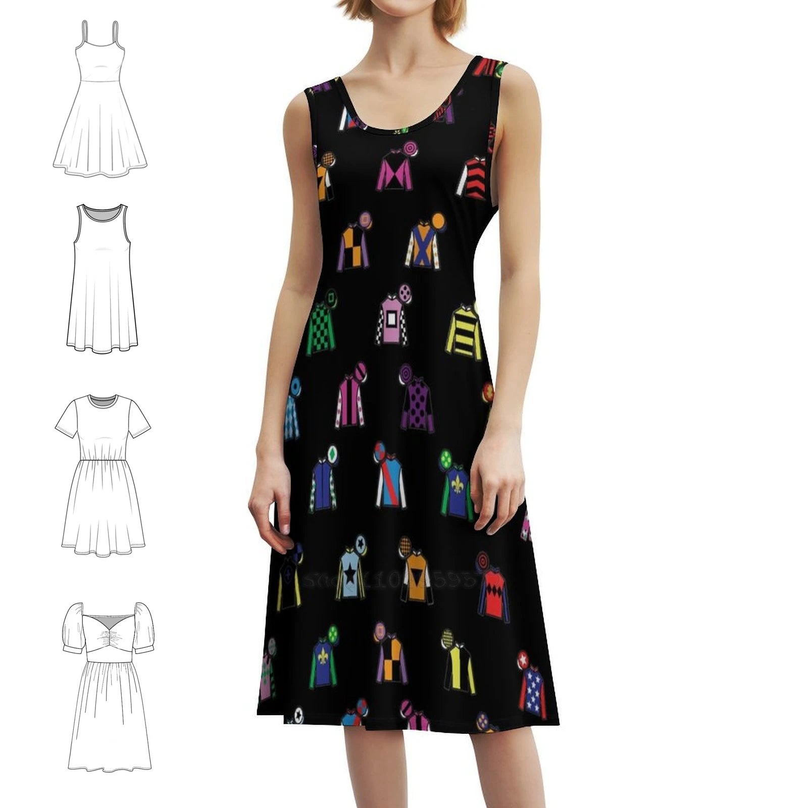 Horse Racing Jockey Silk Print Black Boho Chic Dress Elegant Fashion Beach Wedding Party Gown Horse Racing Derby Horse Racing