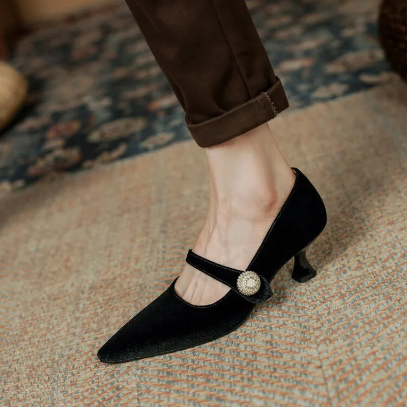 Wine Red Pointed Toe Mary Jane Shoes Women's Vintage One Buckle Stiletto Pointed Toe Single Shoes Velvet Pumps