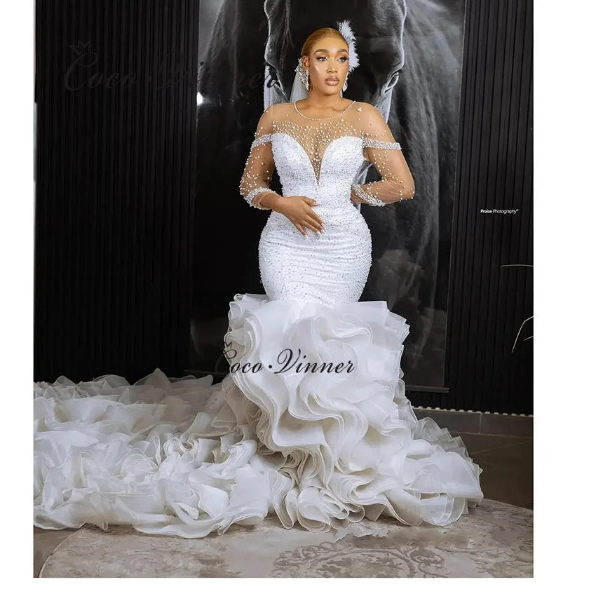 Customized Long Ruffle Train Wedding Dress Mermaid 2025 New 3 Quarter Sleeves Pearls Beading Mermaid Wedding Dresses Women W1486