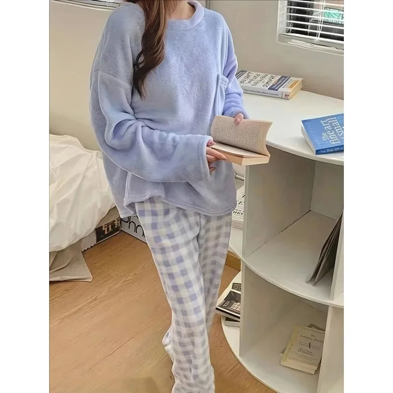 Thickened Warm Sleepwear for Winter Simple O-Neck Loose Flannel Plaid Pants Loungewear Soft 2 Piece Set Pajamas Homewear