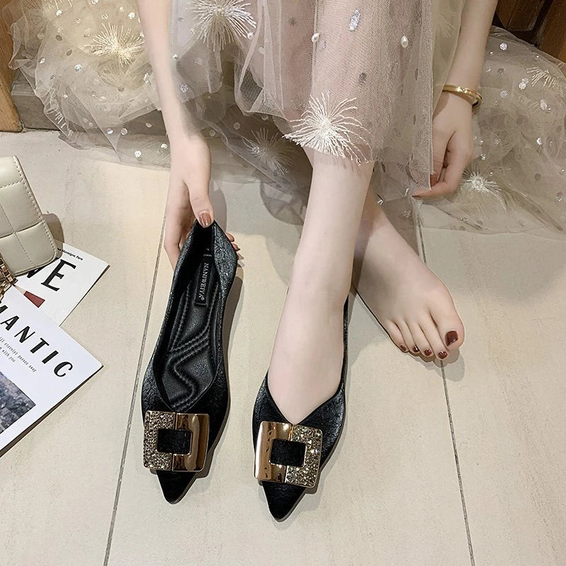 Spring Autumn Summer Winter Women's Flat Shoes Soft Bottom Square Buckle Design Casual round Toe Shoes Comfortable Rubber Sole