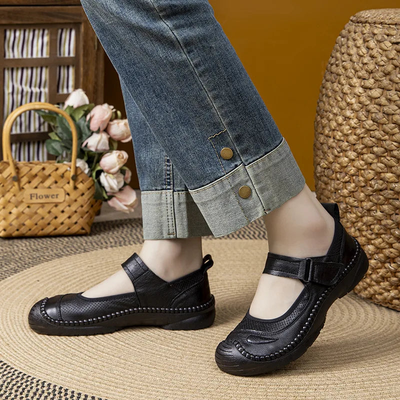 Autumn Top Cowhide Shallow Mouth Single Shoe For Women Retro Style Flat Bottomed Cow Tendon Soft Soled Mother's Shoes