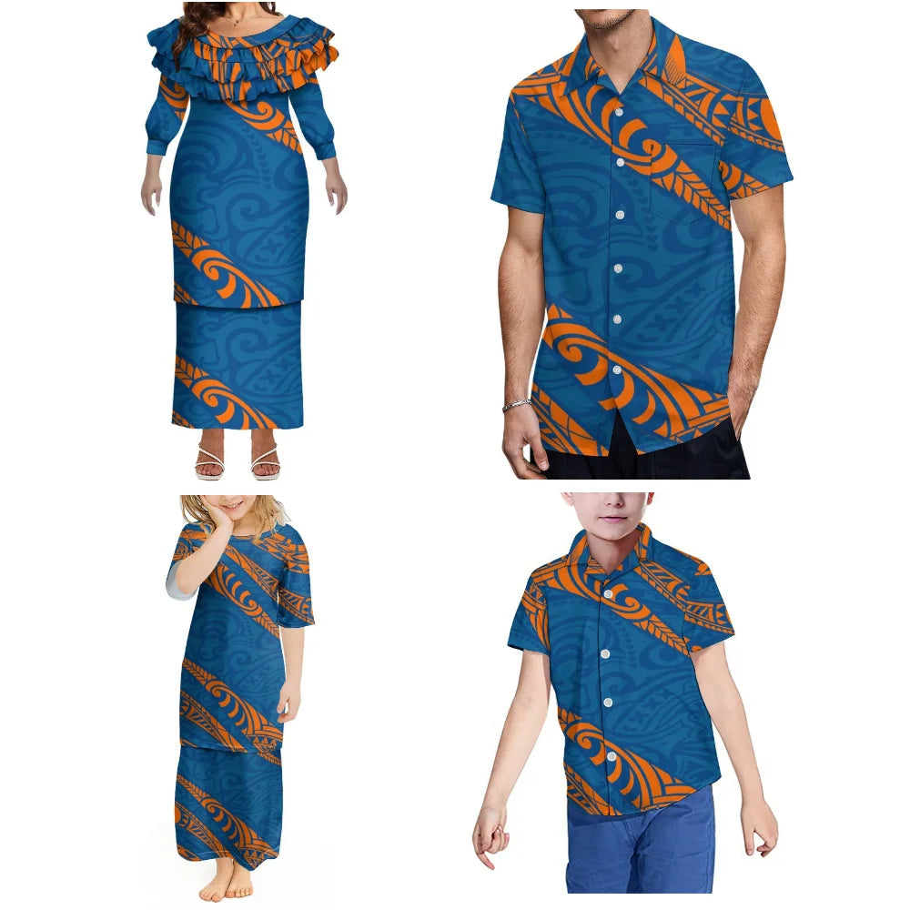 Casual Family Wear Elegant Lotus Leaf Lace Mid-Sleeved Fitted Puletasi Suit Dress Women'S Dress Polynesian Custom Men'S Shirt