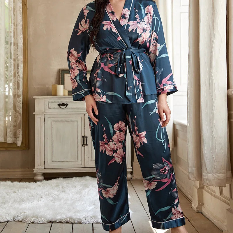 Women's Pajama Large Size Pajamas Cardigan Lace-Up Pajamas Pajama Pants Casual Loose Home Ladies Suit Can Be Worn Outside Pijama