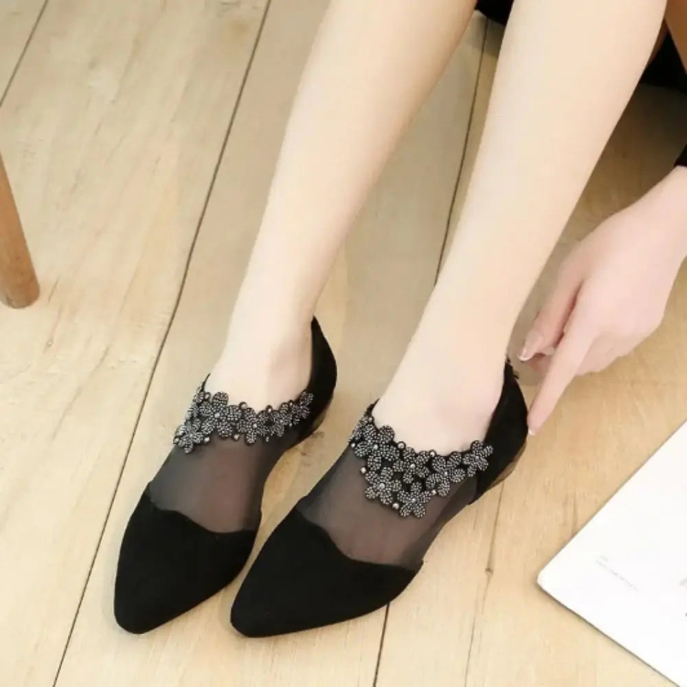 New Water Design Pointed Shoes Single Shoes Bright Drill Mesh Boots Back Zip Crystal Floral Floral Sandals Ladies Shoes